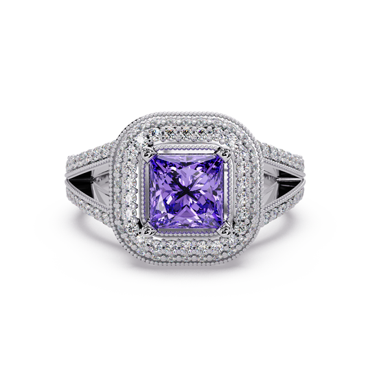 2.2 CTW Princess Double-Halo Split Shank Colorstone Ring with Amethyst Purple center in 14K White Gold – Lunéa Paris