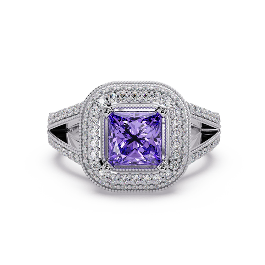2.2 CTW Princess Double-Halo Split Shank Colorstone Ring with Amethyst Purple center in 14K White Gold – Lunéa Paris