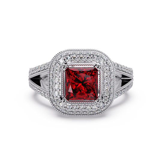 2.2 CTW Princess Double-Halo Split Shank Colorstone Ring with Ruby Red center in 14K White Gold – Lunéa Paris