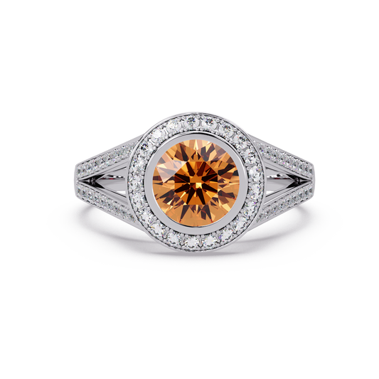 1.4 CTW Round Bezel Halo Split-Shank Colorstone Ring with Champagne Topaz center in 14K White Gold – Lunéa Paris