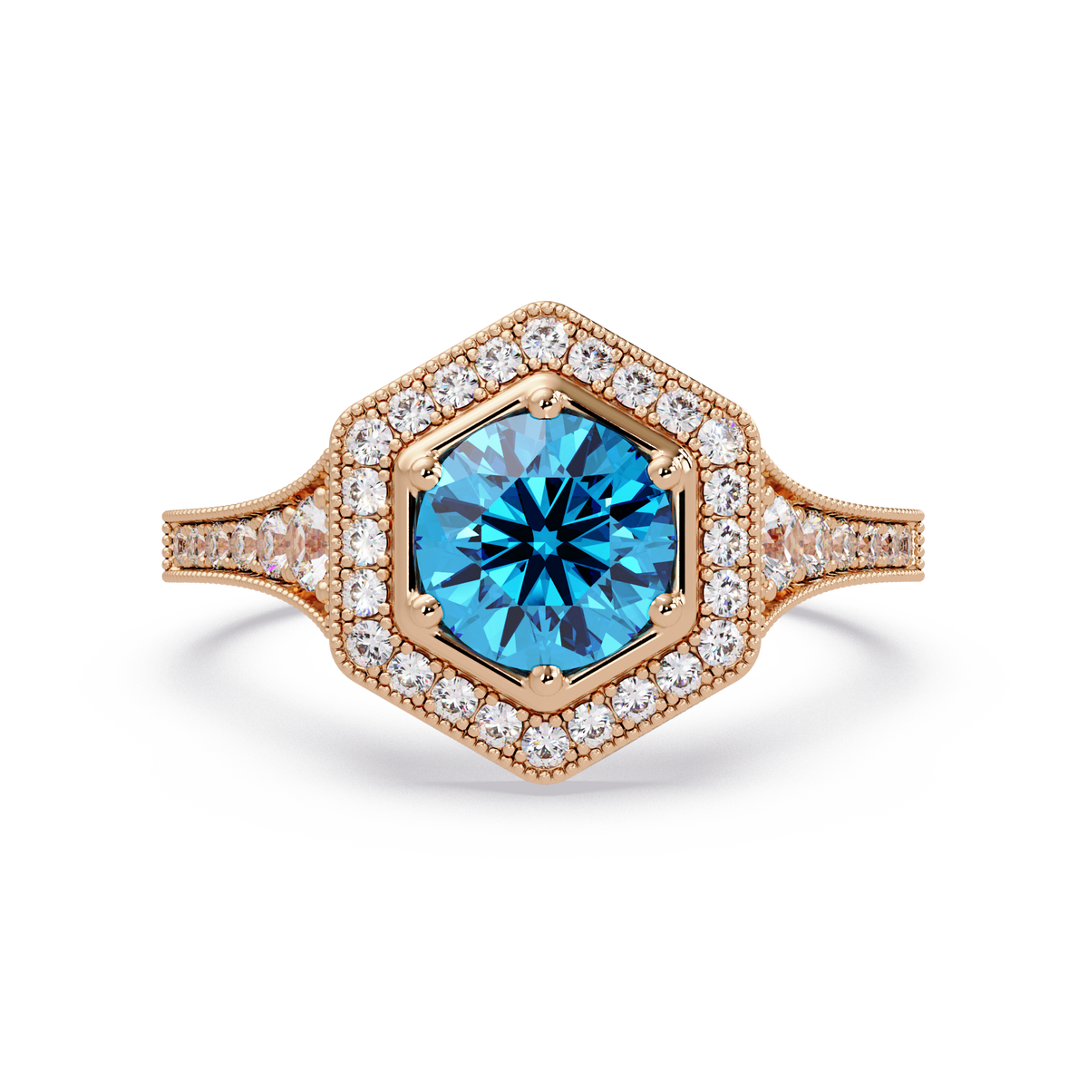 Hexagonal halo pavé colorstone ring Aquamarine Blue RG – Lunéa Paris