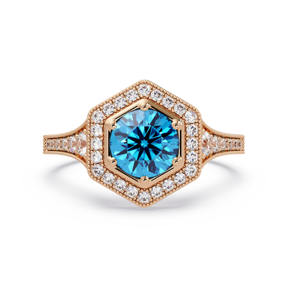 Hexagonal halo pavé colorstone ring Aquamarine Blue RG – Lunéa Paris