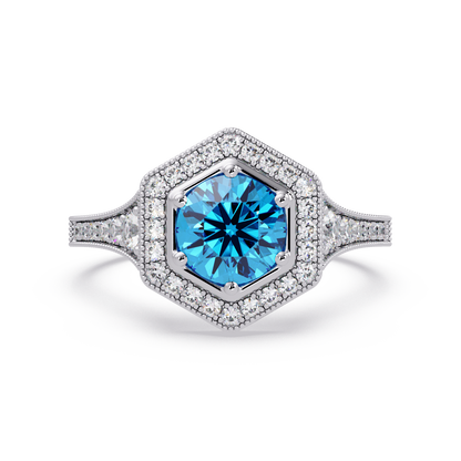 Hexagonal halo pavé colorstone ring Aquamarine Blue WG – Lunéa Paris