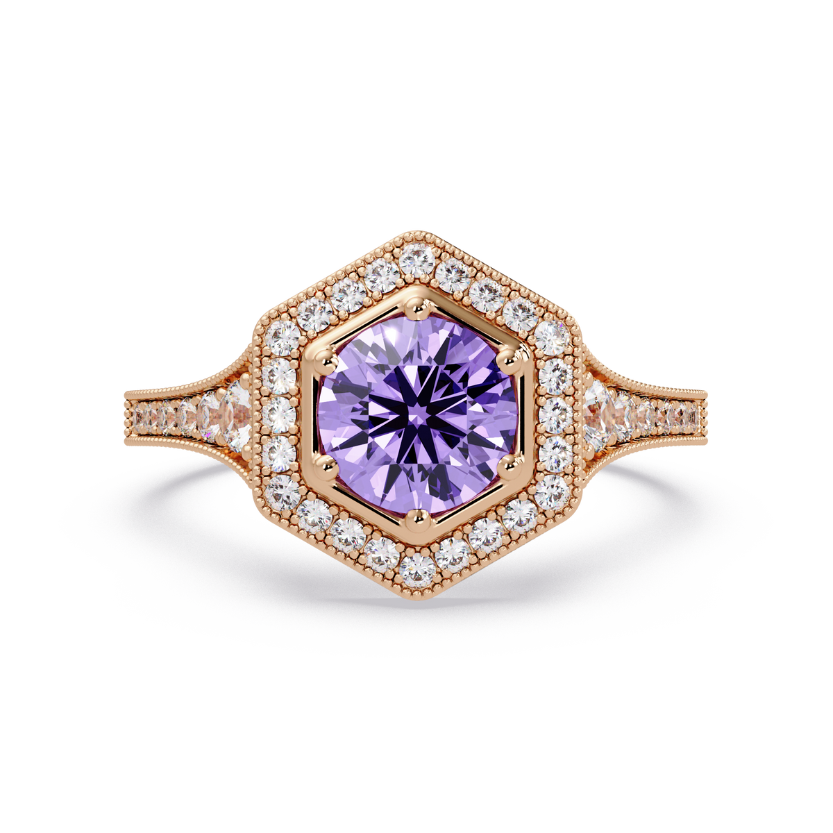 Hexagonal halo pavé colorstone ring Amethyst Purple RG – Lunéa Paris