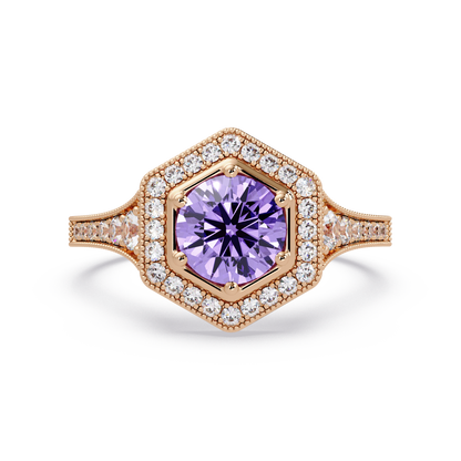 Hexagonal halo pavé colorstone ring Amethyst Purple RG – Lunéa Paris
