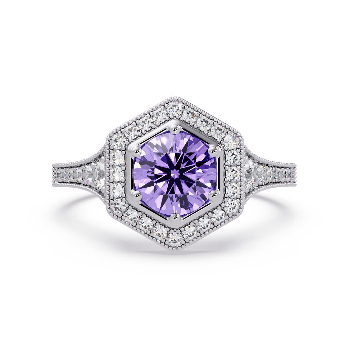 Hexagonal halo pavé colorstone ring Amethyst Purple WG – Lunéa Paris
