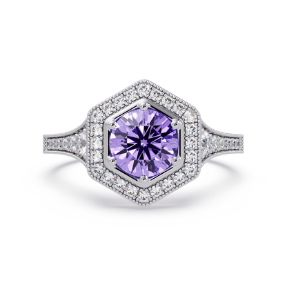Hexagonal halo pavé colorstone ring Amethyst Purple WG – Lunéa Paris