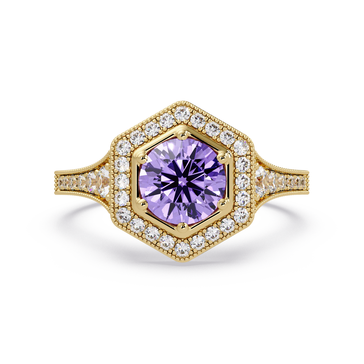Hexagonal halo pavé colorstone ring Amethyst Purple YG – Lunéa Paris