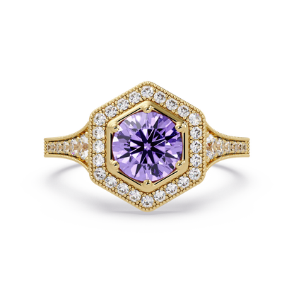 Hexagonal halo pavé colorstone ring Amethyst Purple YG – Lunéa Paris