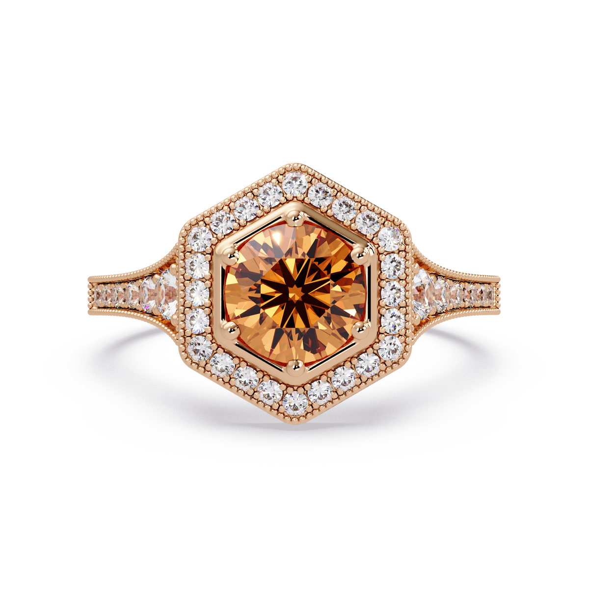 Hexagonal halo pavé colorstone ring Champagne Topaz RG – Lunéa Paris
