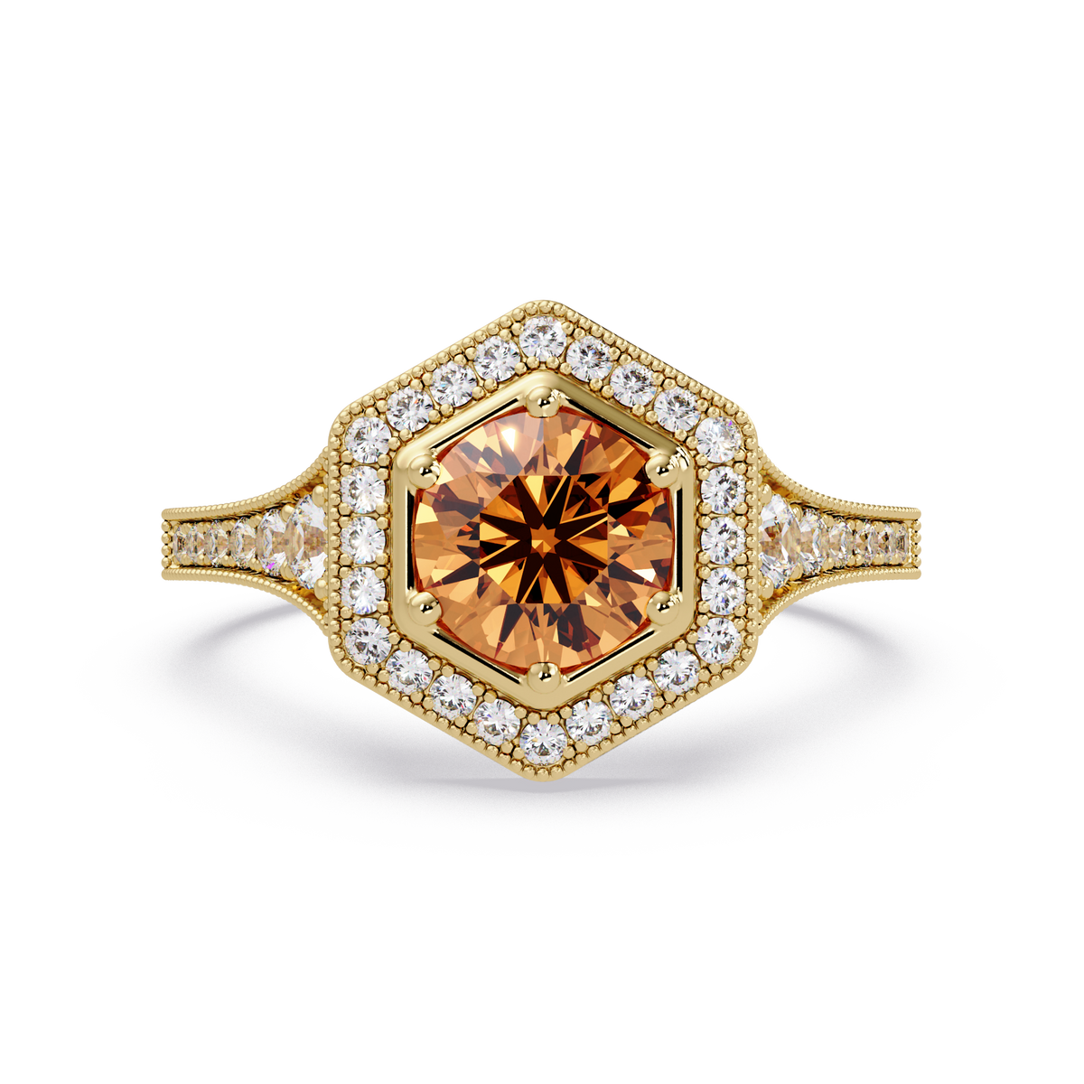 Hexagonal halo pavé colorstone ring Champagne Topaz YG – Lunéa Paris