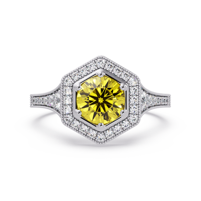 Hexagonal halo pavé colorstone ring Citrine Yellow WG – Lunéa Paris