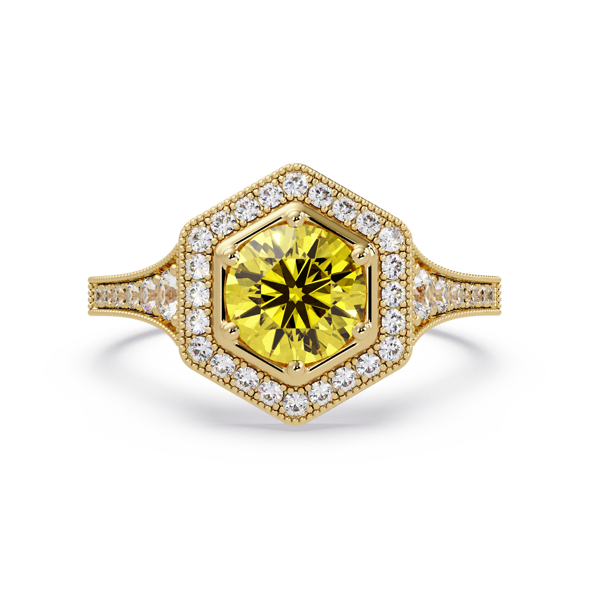 Hexagonal halo pavé colorstone ring Citrine Yellow YG – Lunéa Paris