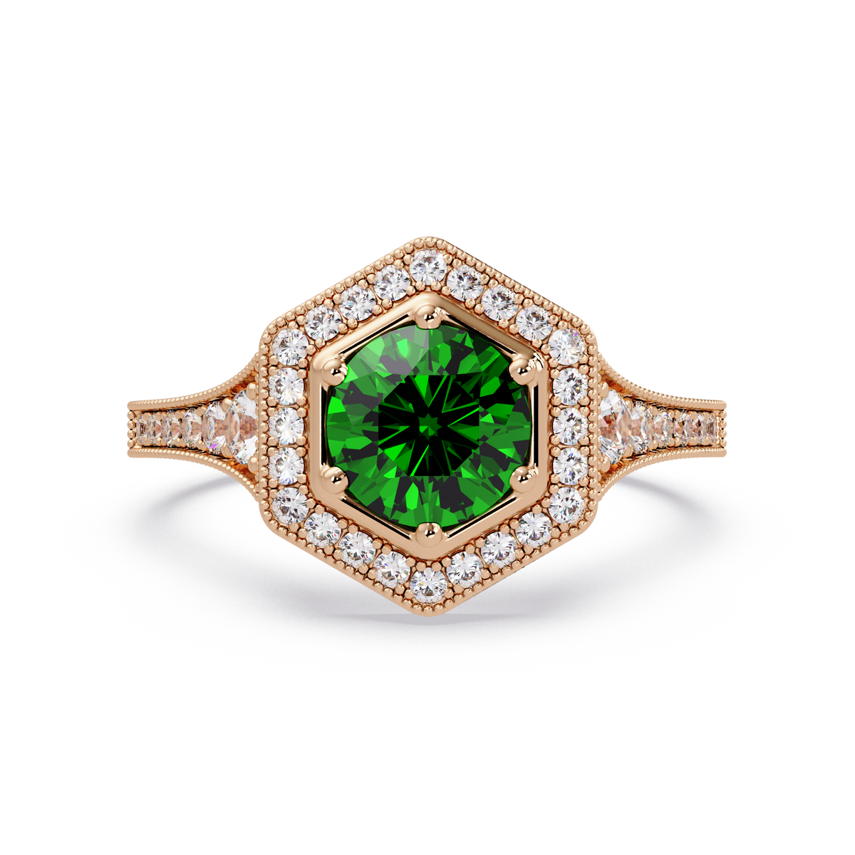 Hexagonal halo pavé colorstone ring Emerald Green RG – Lunéa Paris