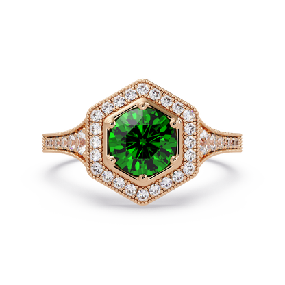 Hexagonal halo pavé colorstone ring Emerald Green RG – Lunéa Paris