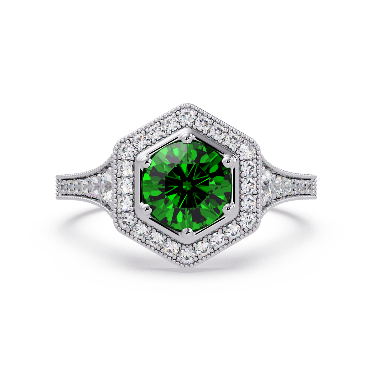 Hexagonal halo pavé colorstone ring Emerald Green WG – Lunéa Paris
