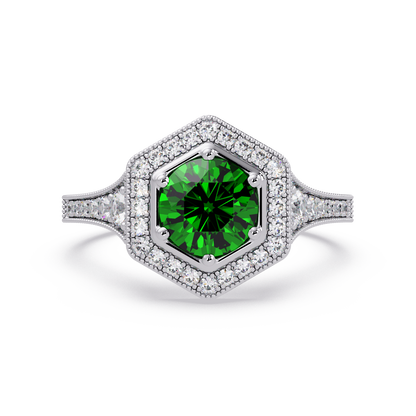 Hexagonal halo pavé colorstone ring Emerald Green WG – Lunéa Paris
