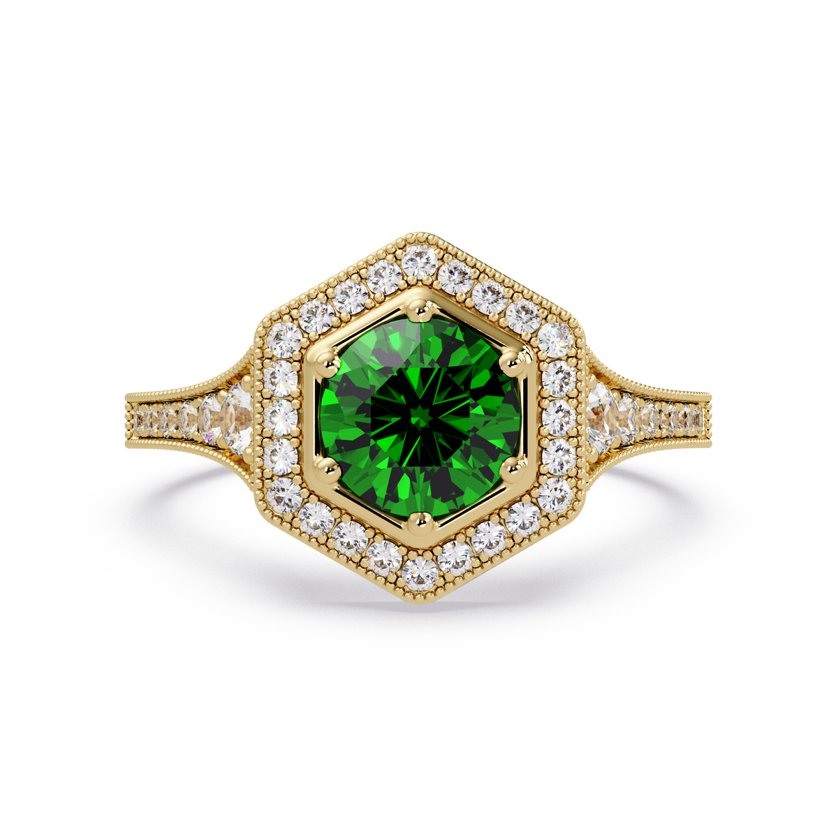 Hexagonal halo pavé colorstone ring Emerald Green YG – Lunéa Paris