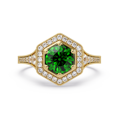 Hexagonal halo pavé colorstone ring Emerald Green YG – Lunéa Paris