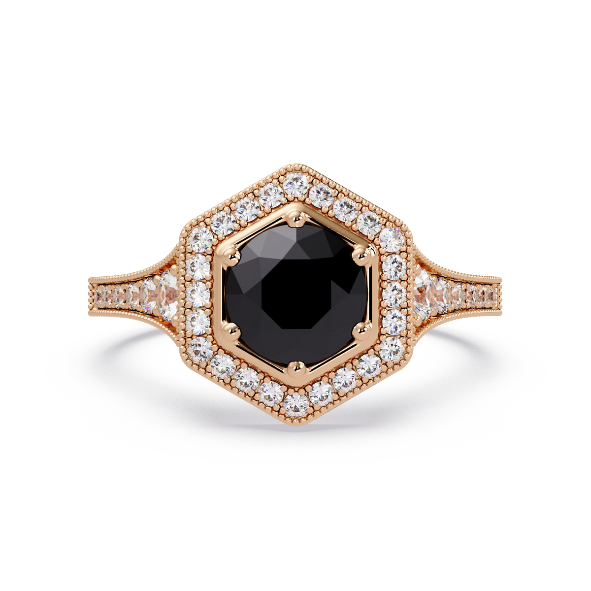 Hexagonal halo pavé colorstone ring Onyx RG – Lunéa Paris