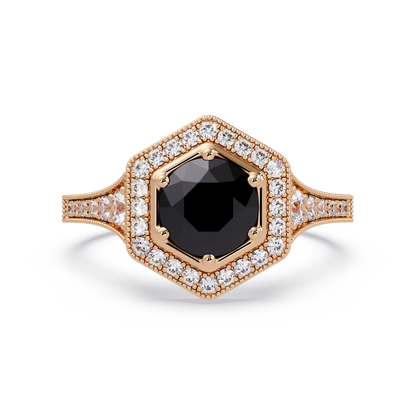 Hexagonal halo pavé colorstone ring Onyx RG – Lunéa Paris
