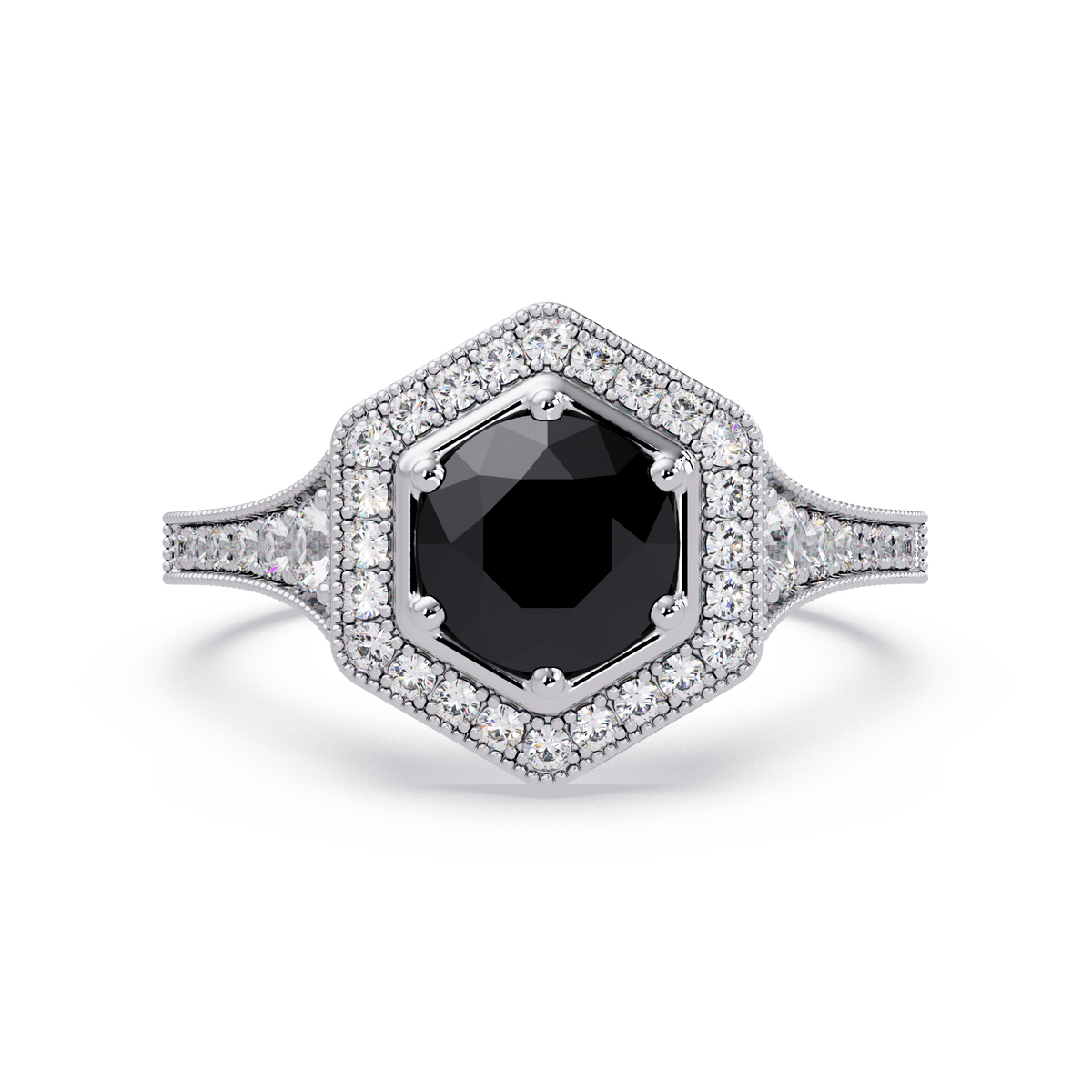 Hexagonal halo pavé colorstone ring Onyx WG – Lunéa Paris