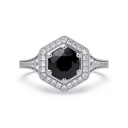 Hexagonal halo pavé colorstone ring Onyx WG – Lunéa Paris