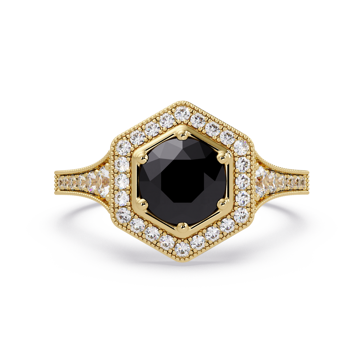 Hexagonal halo pavé colorstone ring Onyx YG – Lunéa Paris