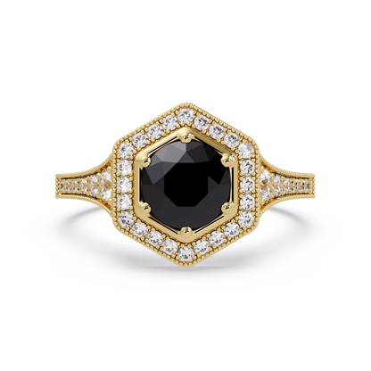 Hexagonal halo pavé colorstone ring Onyx YG – Lunéa Paris