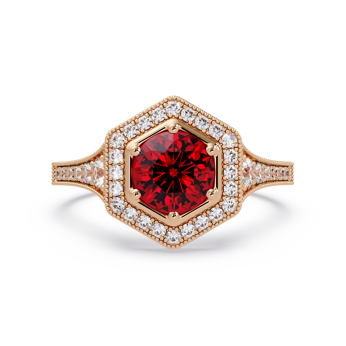 Hexagonal halo pavé colorstone ring Ruby Red RG – Lunéa Paris