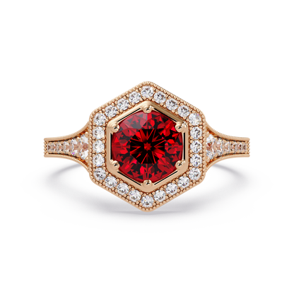 Hexagonal halo pavé colorstone ring Ruby Red RG – Lunéa Paris