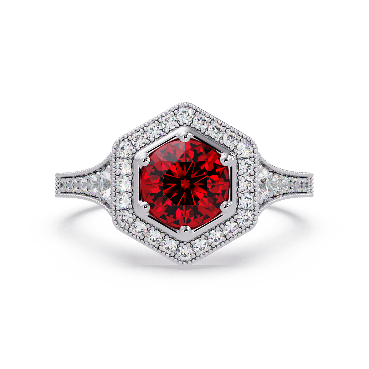Hexagonal halo pavé colorstone ring Ruby Red WG – Lunéa Paris