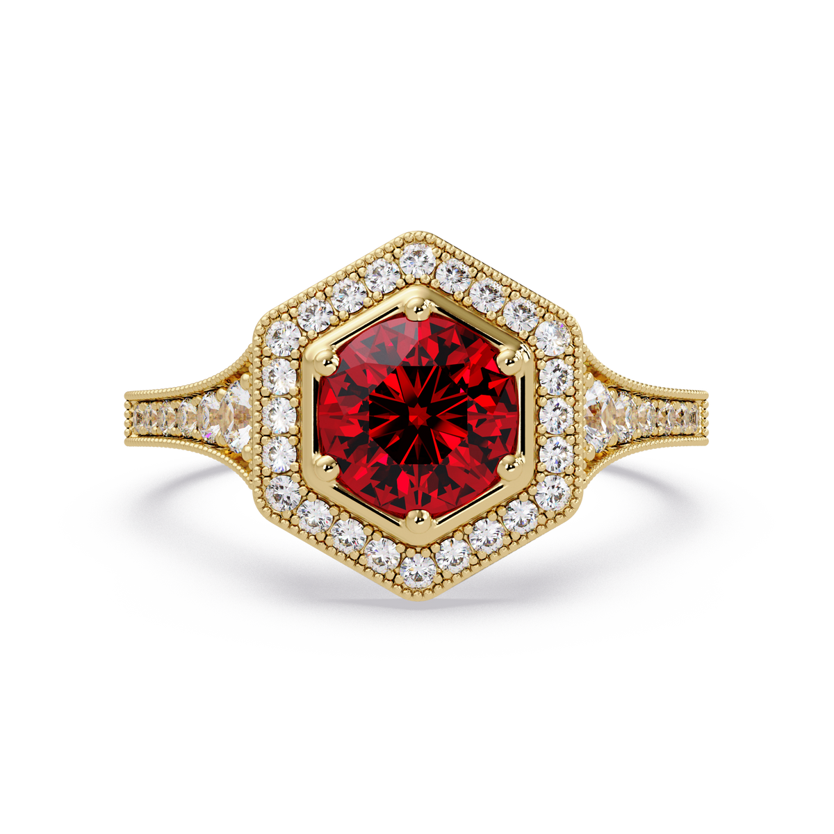 Hexagonal halo pavé colorstone ring Ruby Red YG – Lunéa Paris