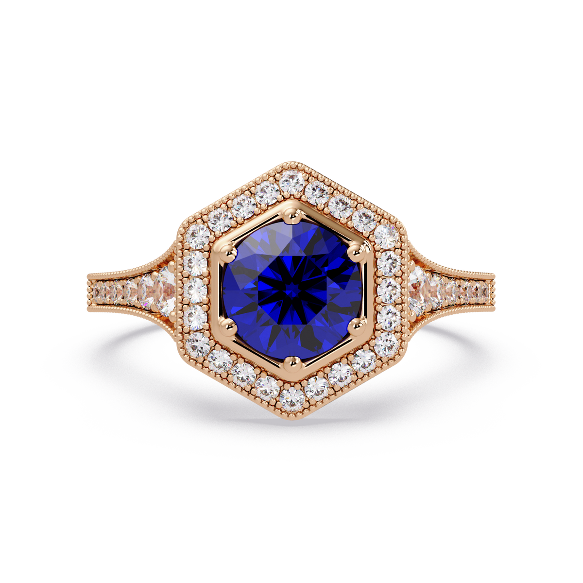 Hexagonal halo pavé colorstone ring Sapphire Blue RG – Lunéa Paris