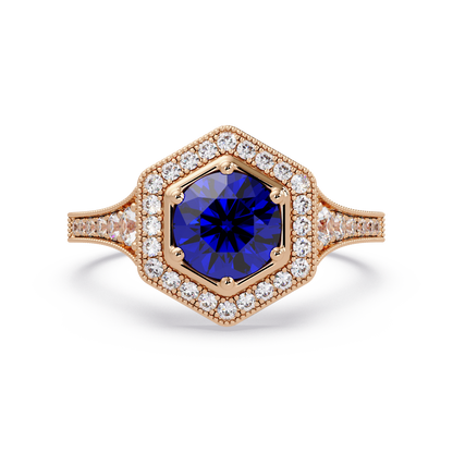 Hexagonal halo pavé colorstone ring Sapphire Blue RG – Lunéa Paris