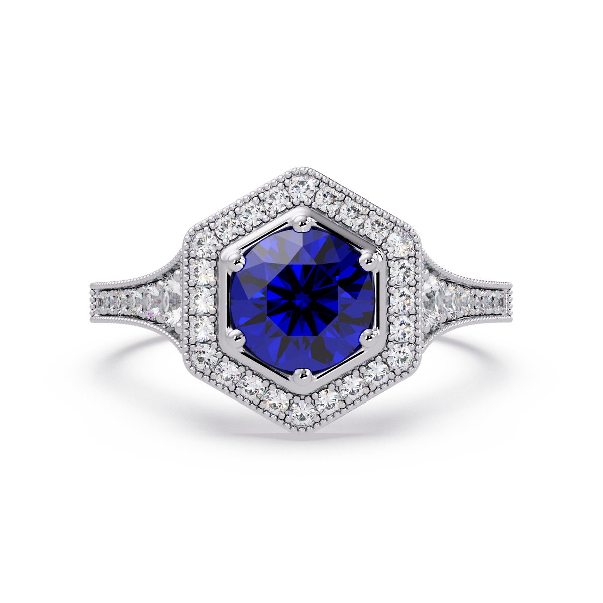 Hexagonal halo pavé colorstone ring Sapphire Blue WG – Lunéa Paris