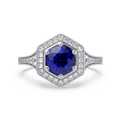 Hexagonal halo pavé colorstone ring Sapphire Blue WG – Lunéa Paris