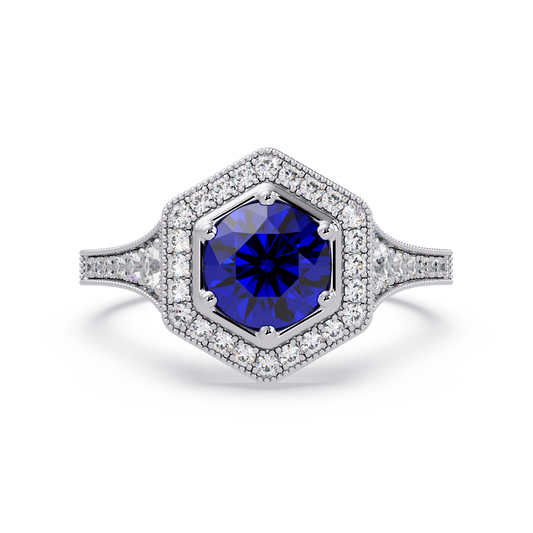 Hexagonal halo pavé colorstone ring Sapphire Blue WG – Lunéa Paris
