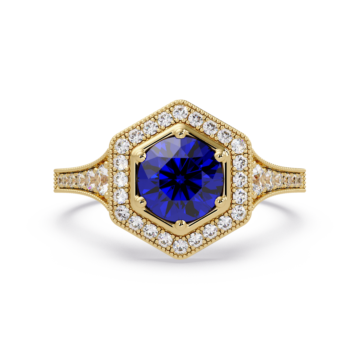 Hexagonal halo pavé colorstone ring Sapphire Blue YG – Lunéa Paris
