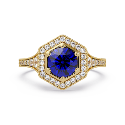 Hexagonal halo pavé colorstone ring Sapphire Blue YG – Lunéa Paris
