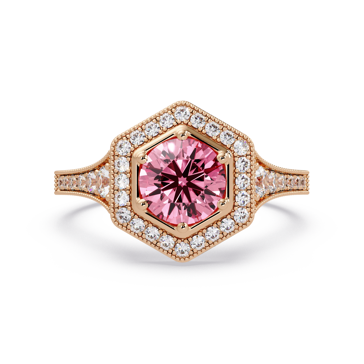 Hexagonal halo pavé colorstone ring Tourmaline Pink RG – Lunéa Paris