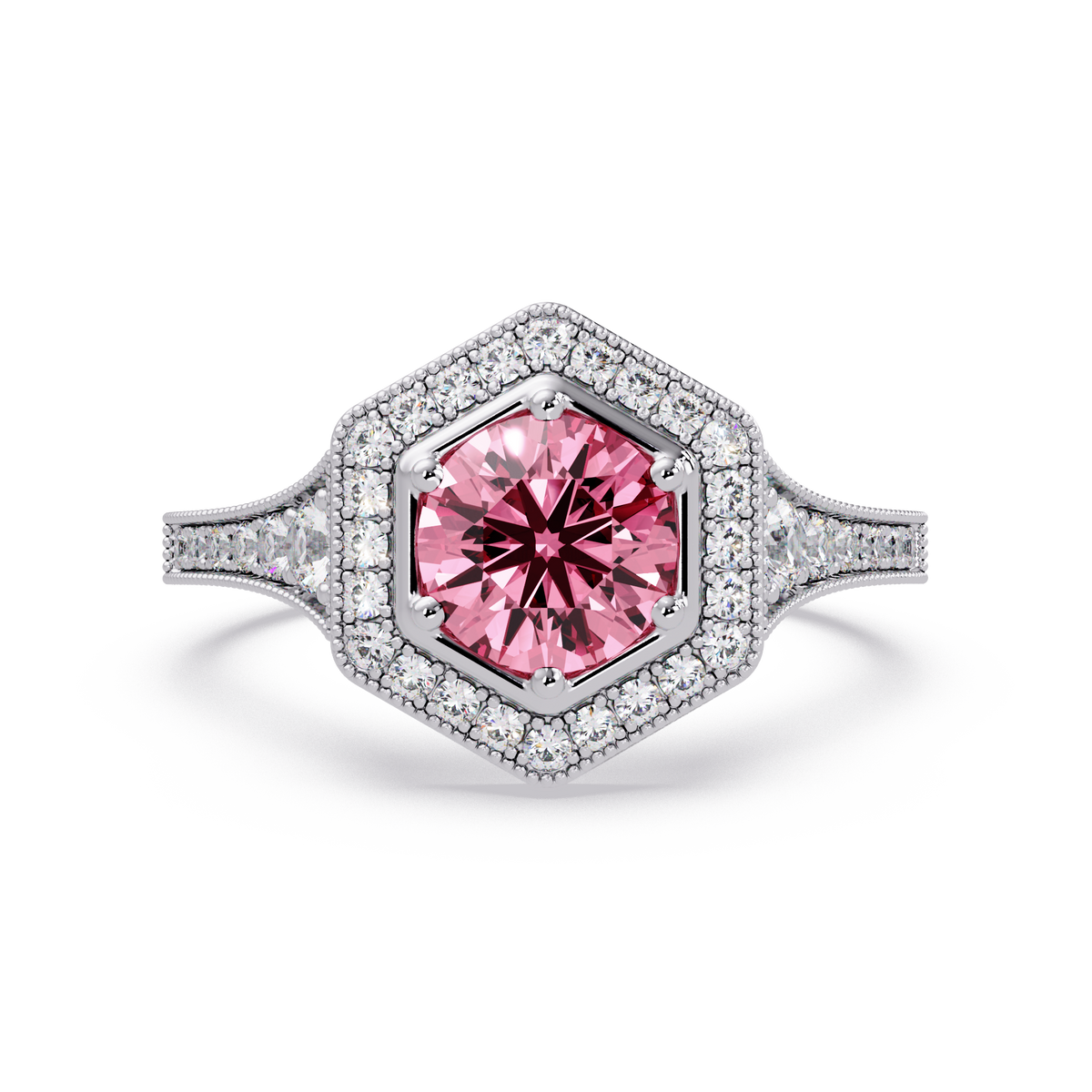 Hexagonal halo pavé colorstone ring Tourmaline Pink WG – Lunéa Paris
