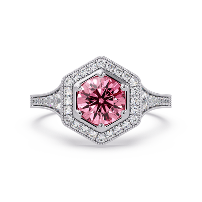 Hexagonal halo pavé colorstone ring Tourmaline Pink WG – Lunéa Paris