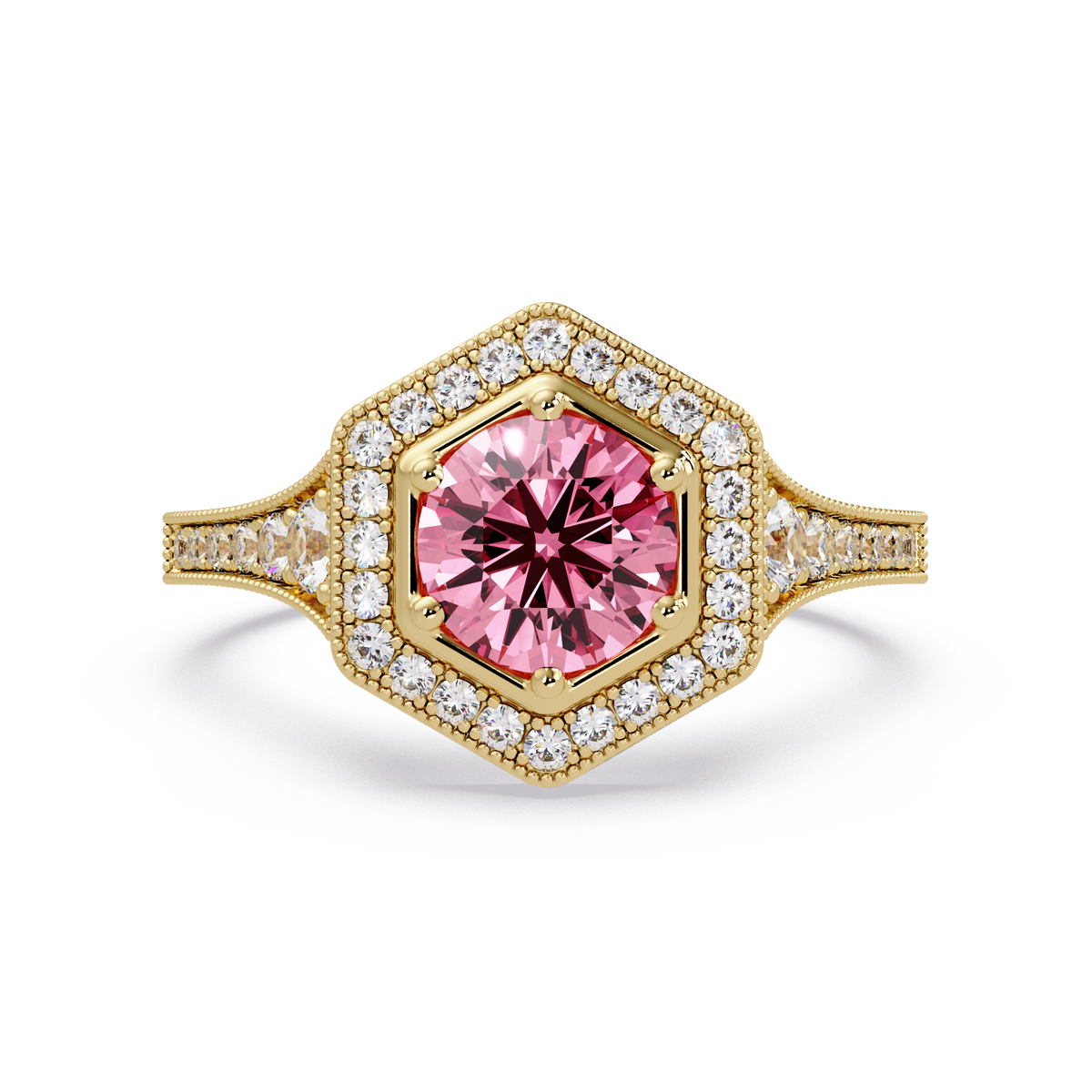 Hexagonal halo pavé colorstone ring Tourmaline Pink YG – Lunéa Paris