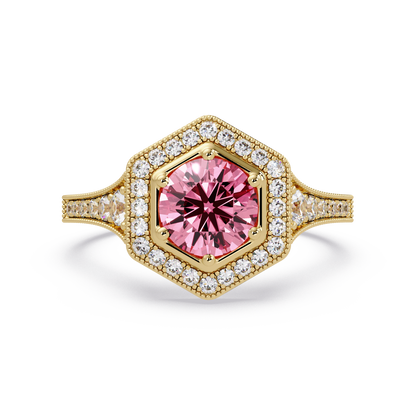 Hexagonal halo pavé colorstone ring Tourmaline Pink YG – Lunéa Paris