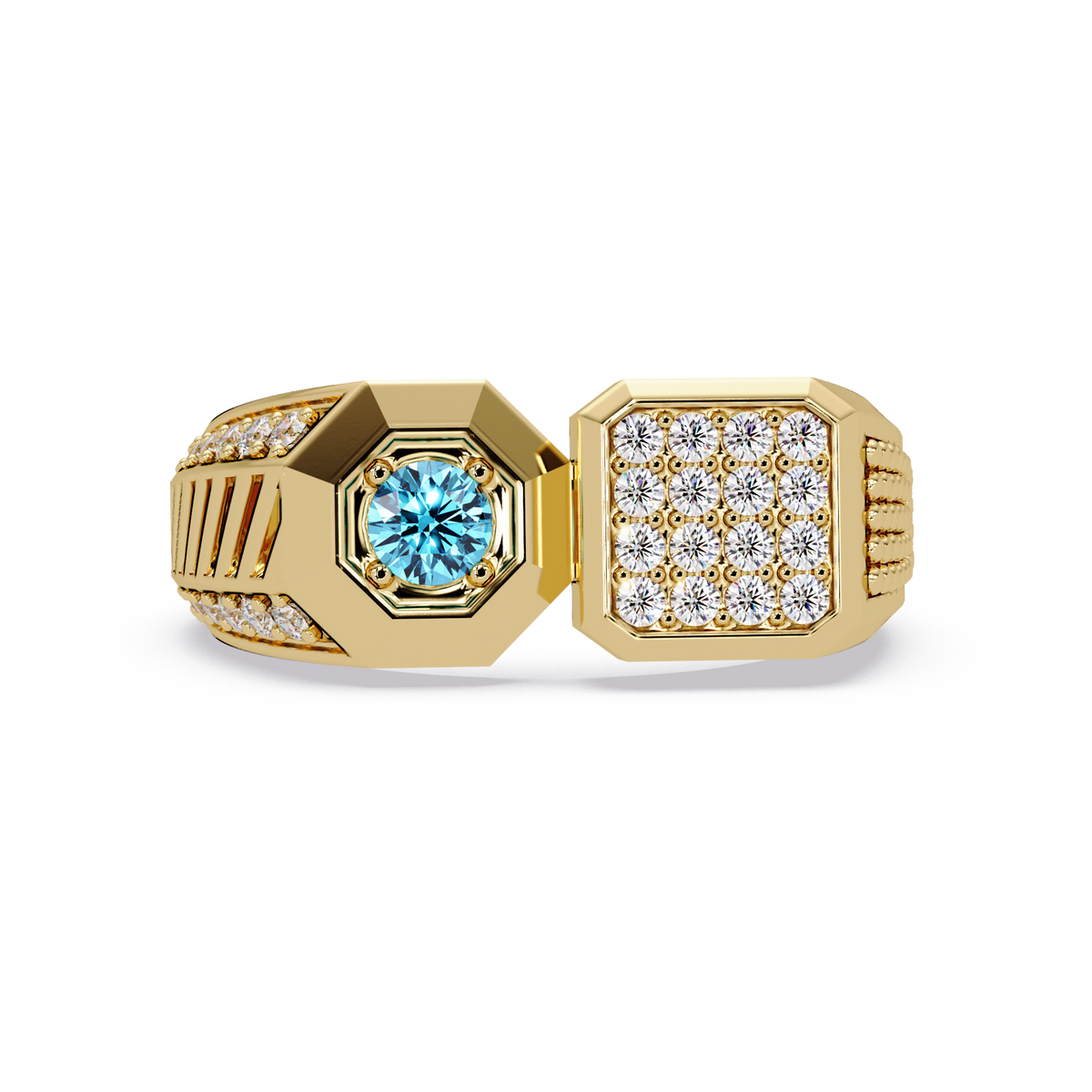 0.4 CTW Split-Panel Men’s Colorstone Ring with Aquamarine Blue in Yellow Gold – Lunéa Paris