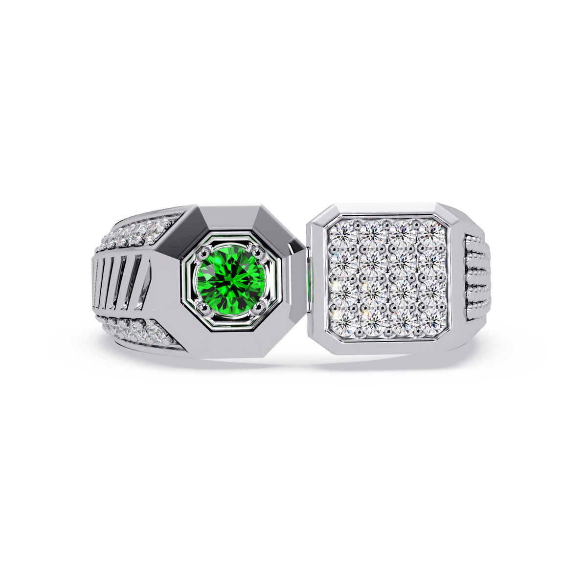 0.4 CTW Split-Panel Men’s Colorstone Ring with Emerald Green in White Gold – Lunéa Paris