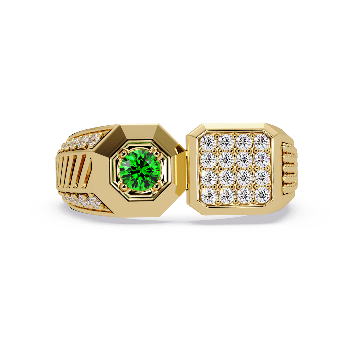 0.4 CTW Split-Panel Men’s Colorstone Ring with Emerald Green in Yellow Gold – Lunéa Paris