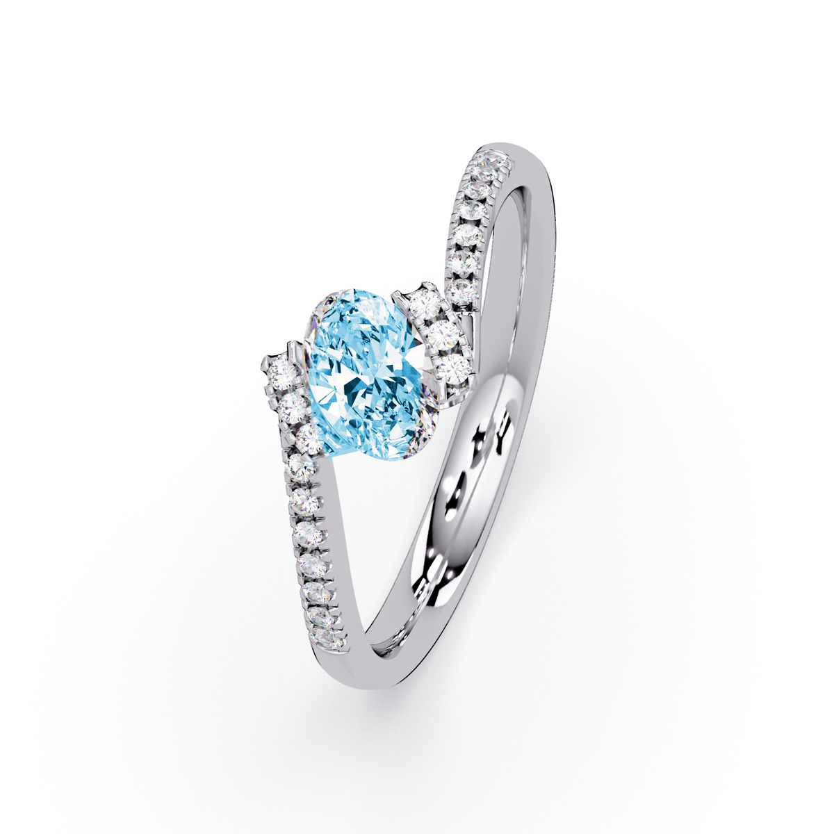 0.4 CTW Oval Bypass Pavé Colorstone Ring with Aquamarine Blue center in 14K White Gold – Lunéa Paris