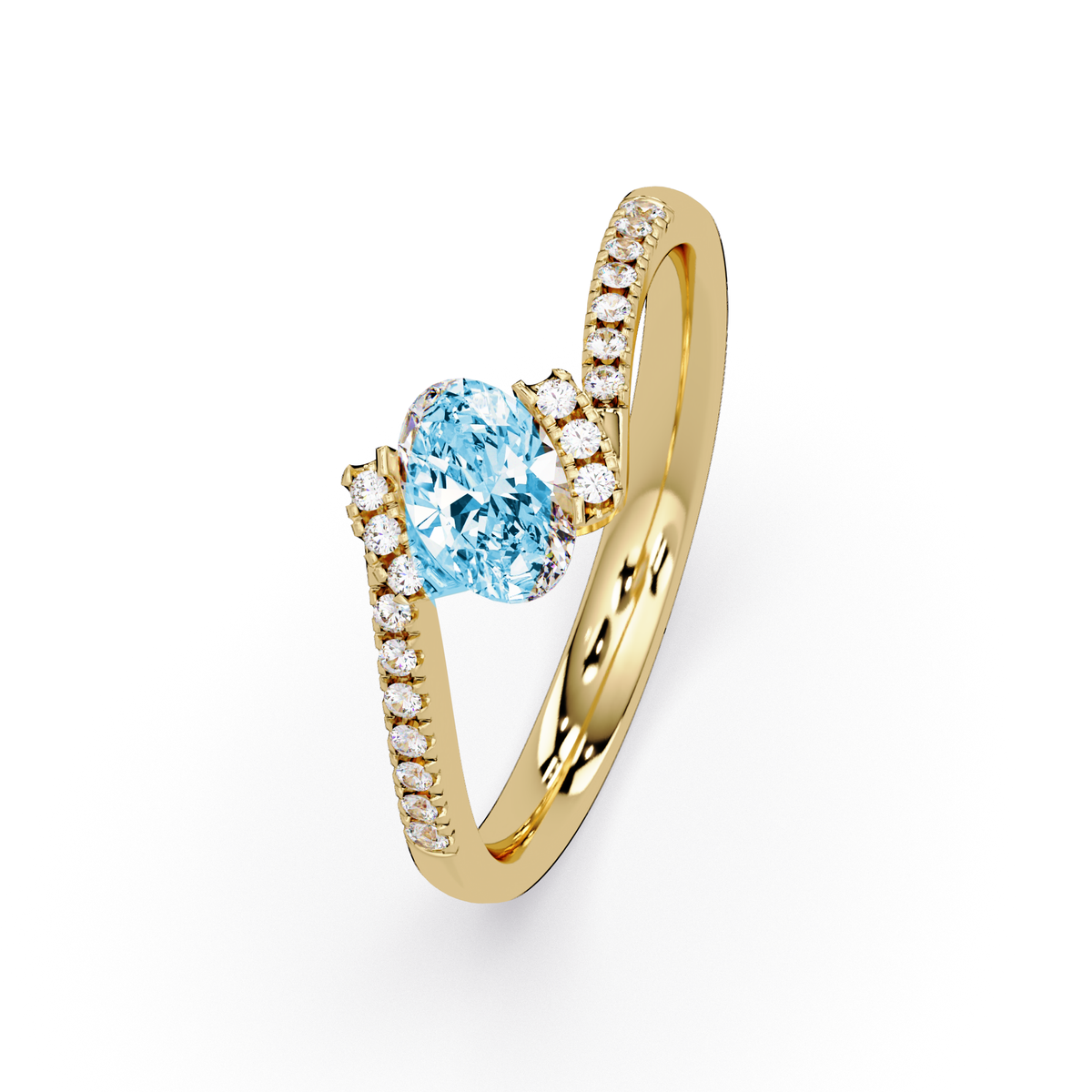 0.4 CTW Oval Bypass Pavé Colorstone Ring with Aquamarine Blue center in 14K Yellow Gold – Lunéa Paris